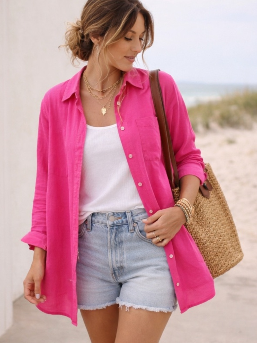 GAP L Pink Linen Blend Button Down Shirt Long Sleeve Collared Minimalist Preppy